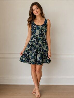 Sara Navy Floral Scoop Midi Dress with Green Accents